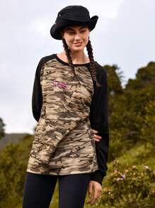 In My Nature 迷彩印花插肩袖戶外T恤 - 軍綠色 - 查看 5