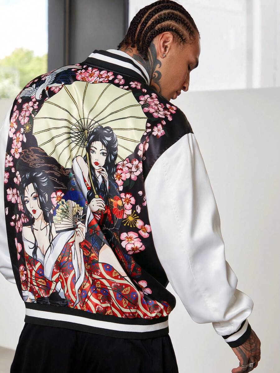 GENTILAND Áo khoác bomber họa tiết hoa và hạc cỡ lớn cho nam (Không kèm áo phông) - Nhiều màu - Xem 1