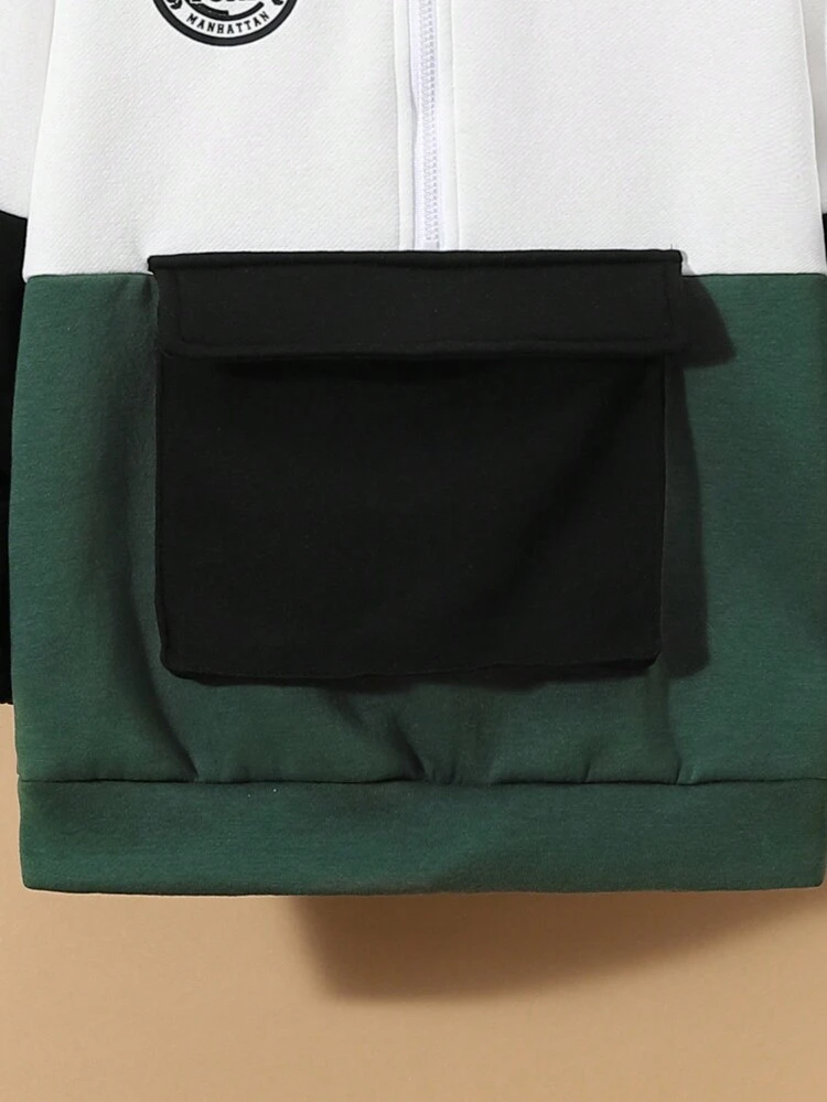 Tween Boy Letter Graphic Colorblock Flap Pocket Hooded Active Jacket