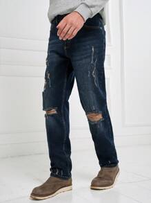 SHEIN Cottnline Men Ripped Straight Leg Jeans - Dark Wash - View 4