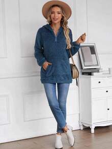 EMERY ROSE Một nửa khóa kéo Túi kangaroo Thả vai Flannel Hoodie - Màu xanh lam - Xem 5