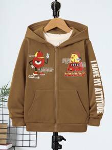 SHEIN 男大童寬鬆學院風連帽衛衣帶常規肩膀和圖案 - 卡其色 - 查看 1