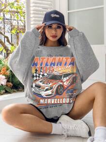 SHEIN EZwear Europe And America Style Loose Fit Round Neck Women's Sweatshirt With Racing Print - Light Grey - View 4
