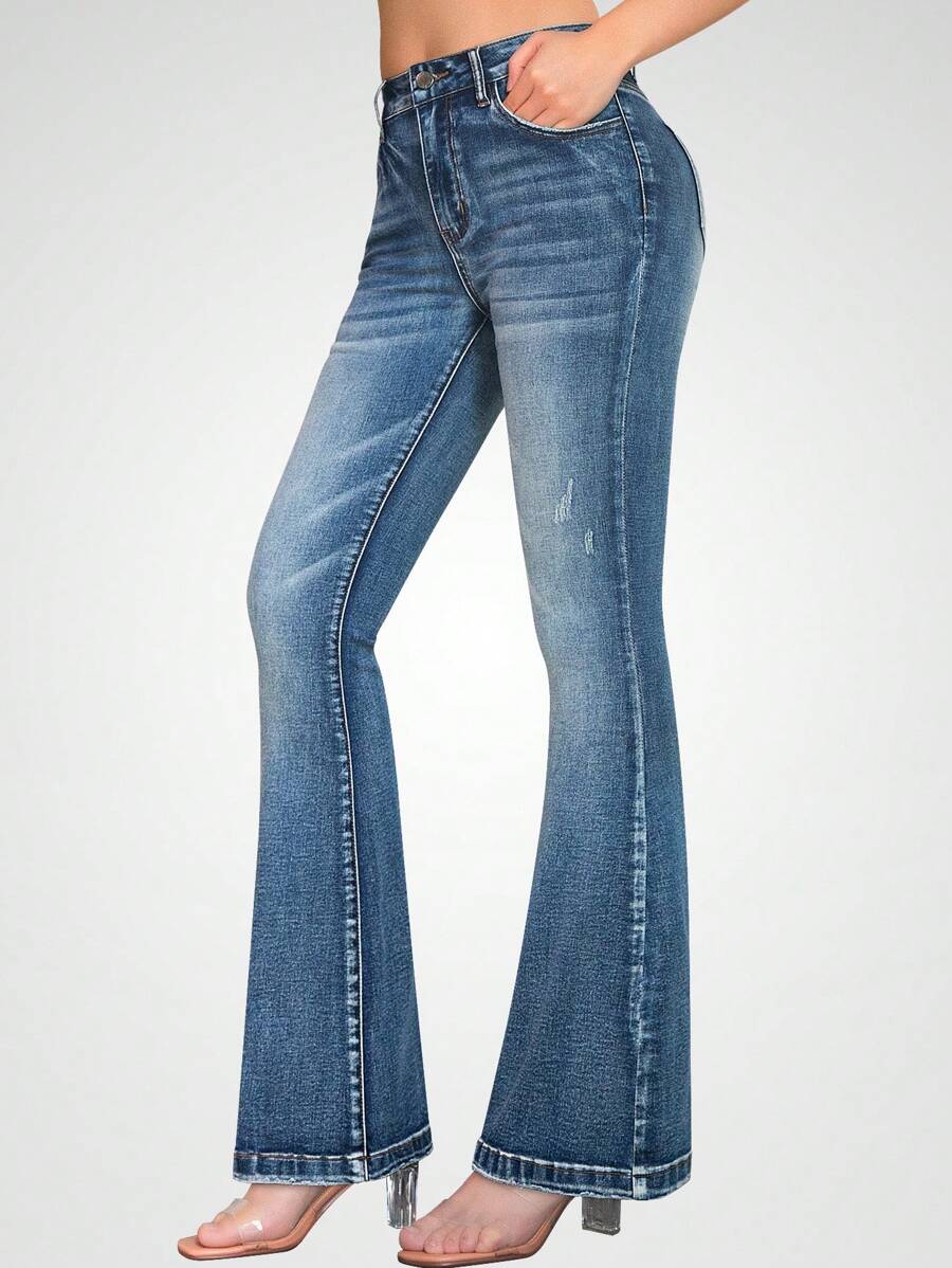 Flare Leg Jeans - Blue - View 1