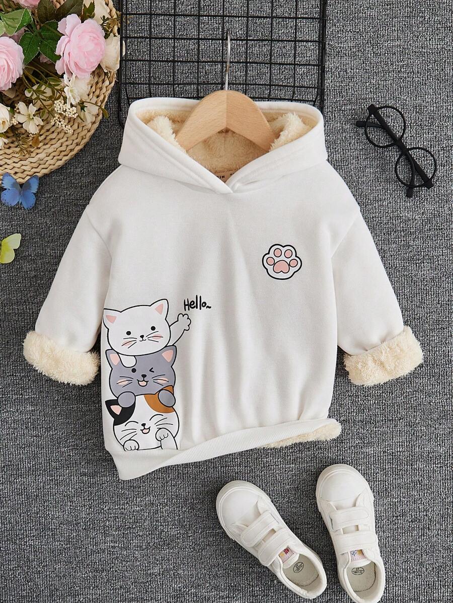 少女卡通字母图案落肩保暖卫衣 - 白色 - 查看 1