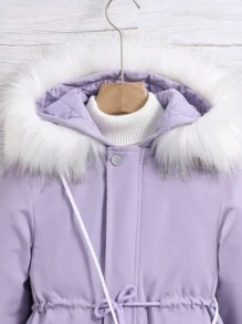 SHEIN 女大童1入組毛茸邊連帽加絨內裏派克大衣附包 - 淡紫色 - 查看 5
