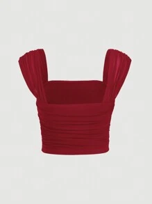 SHEIN MOD Square Neck Ruched Crop Red Mesh Gathered Wide Strap Top - Burgundy - View 5