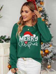 SHEIN LUNE Christmas Print Drop Shoulder Sweatshirt - Dark Green - View 4