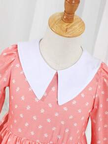 SHEIN Young Girl Polka Dot Print Contrast Collar Dress - Pink - View 3