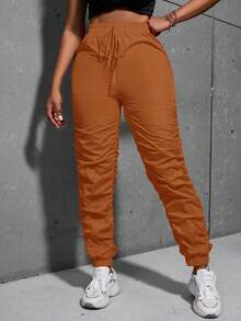 SHEIN Slayr Solid Drawstring Waist Ruched Pants - Burnt Orange - View 3