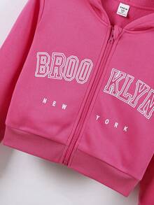 SHEIN 女大童字母圖案拉鏈開襟連帽衛衣 - 玫紅色 - 查看 3