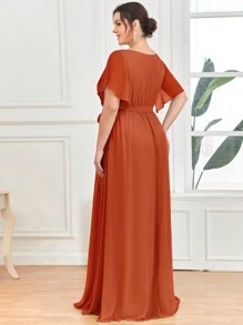 EVERPRETTY 优雅V领荷叶边喇叭袖及地春夏婚礼宾客礼服,杏色正式伴娘礼服 - 亮橙色 - 查看 3