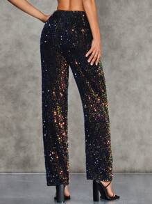 SHEIN BAE 女性華麗彩虹亮片直筒褲 - 黑色 - 查看 2