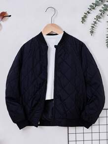 SHEIN Tween Girl Zip Up Quilted Bomber Jacket - Black - View 2