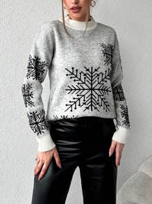 EURMUSE Pullover mit Schneeflocken Muster, Drop Shoulder - Schwarz und Weiss - Übersicht 5