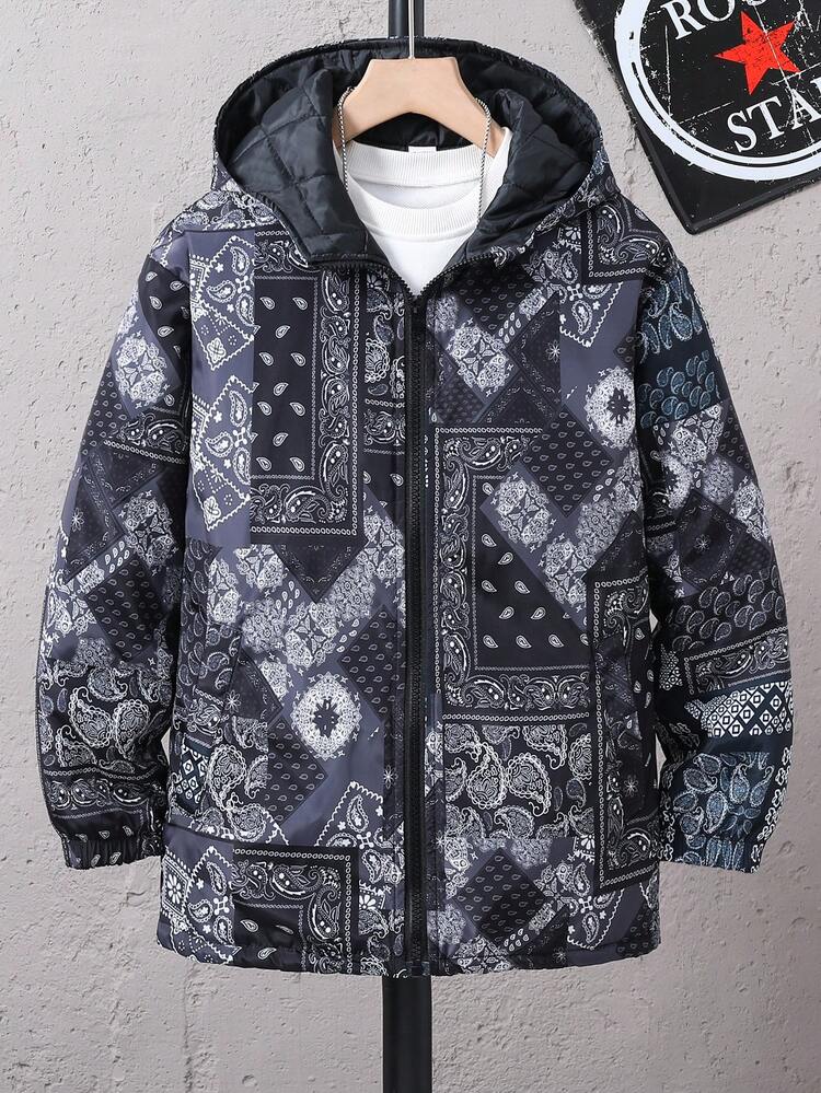 Tween Boy Paisley Scarf Print Zip Up Hooded Padded Coat Without Tee
