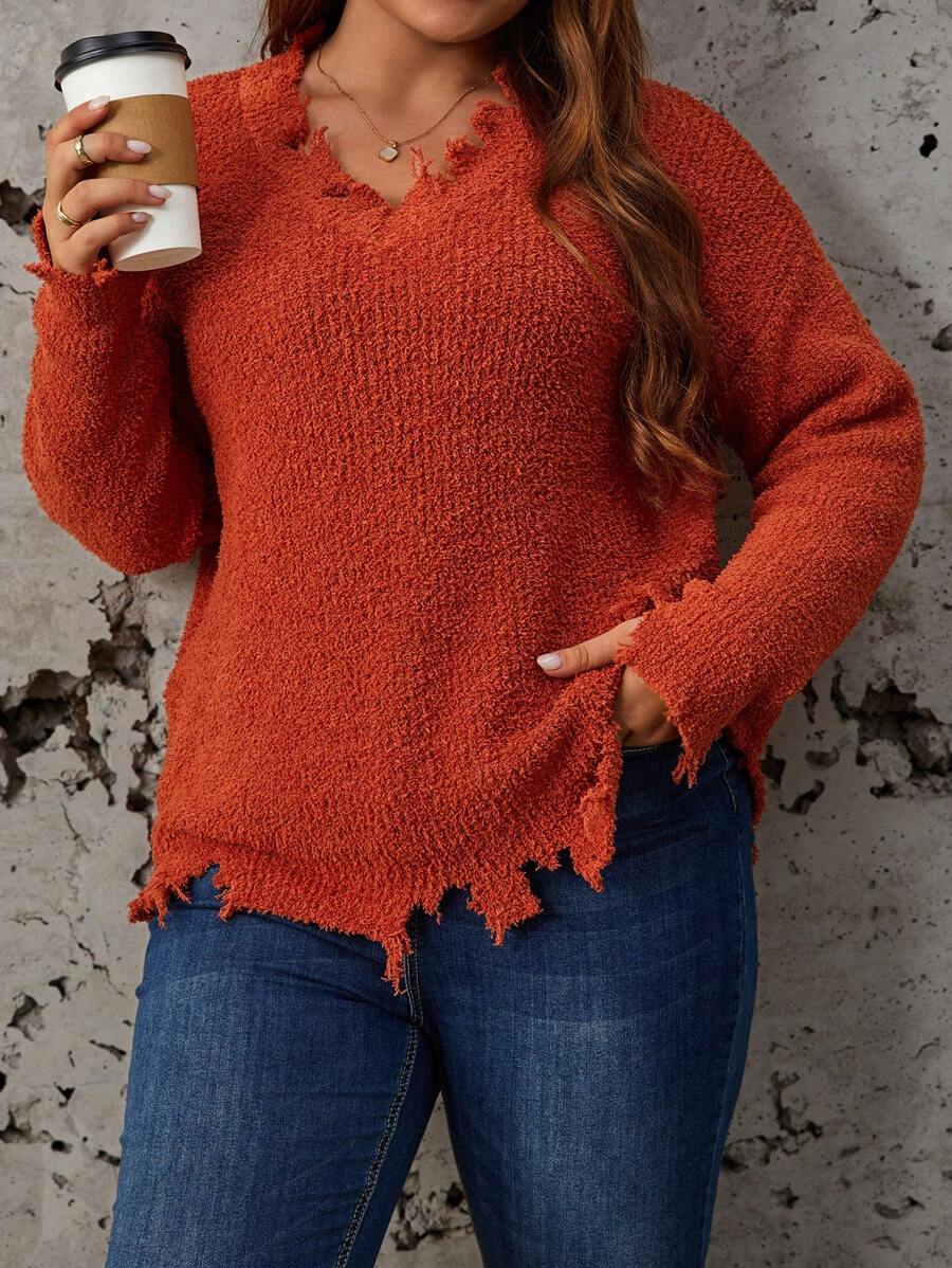 SHEIN LUNE 大碼落肩袖破洞毛衣 - 鏽棕色 - 查看 1