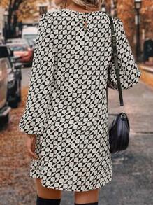 SHEIN LUNE 印花灯笼袖束腰连衣裙，休闲款 - 卡其色 - 查看 6