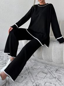 SHEIN Cottnline 2pcs Women Contrast Trim Long Sleeve Loose Knit Sweater Set - Black - View 1