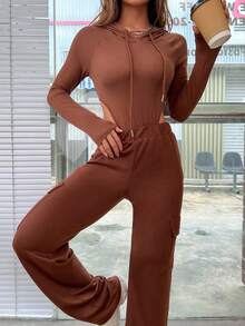 SHEIN Unity Solid Drawstring Hooded Bodysuit & Flap Pocket Side Pants - Hot Pink - View 3