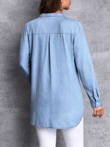EMERY ROSE Women's Notched Collar Long Sleeve Denim Shirt New Long Sleeve/Half Sleeve Button Pocket Thin Denim Top - Light Wash - View 2