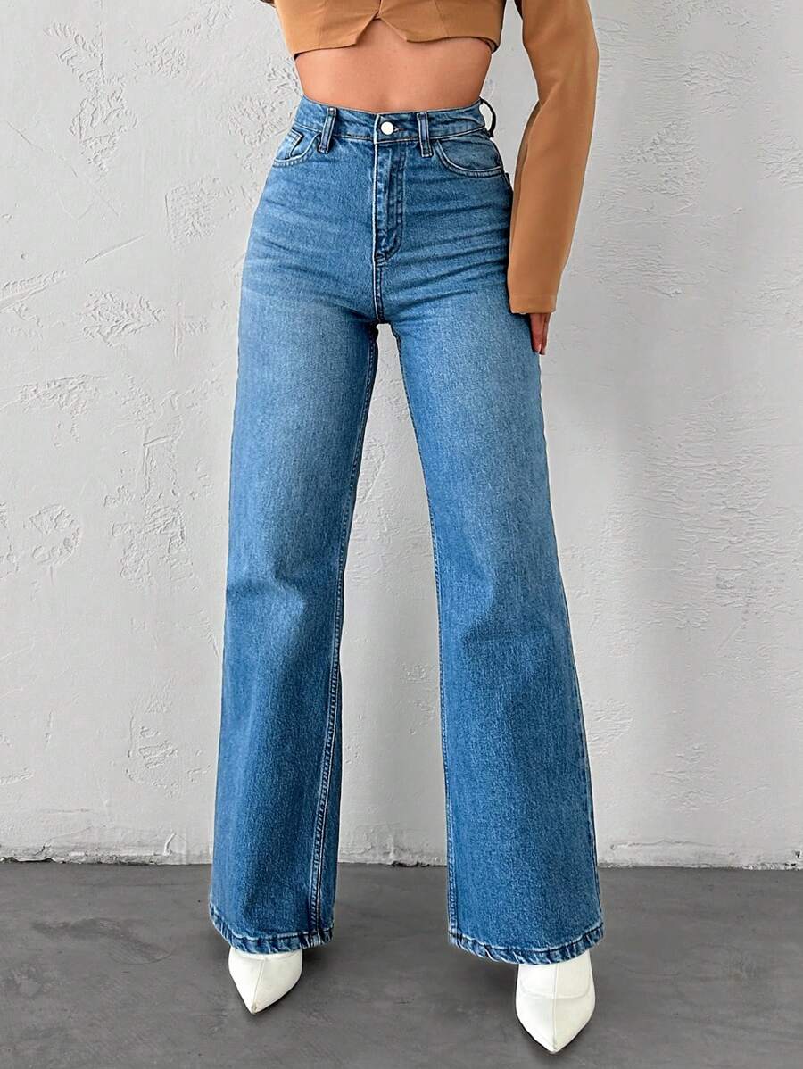 EURMUSE 100%Cotton Casual High Waist Wide Leg Jeans - Blue - View 1