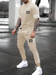 Manfinity Homme Men Letter Graphic Contrast Side Seam Tee & Drawstring Waist Sweatpants