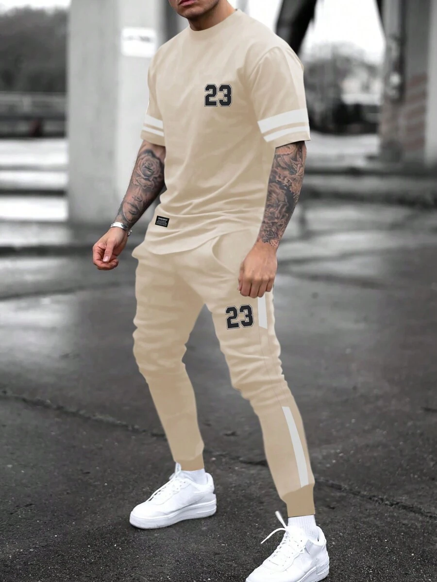 Manfinity Homme Men Letter Graphic Contrast Side Seam Tee & Drawstring Waist Sweatpants