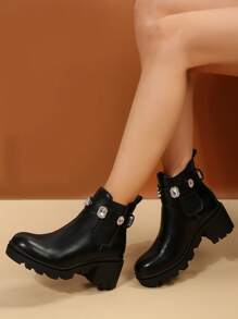 Fall/Winter 2025 Match With Pants,Ladies' Black Fashion Booties With Rhinestone Decoration & Chunky Heel Chelsea Boots Valentines