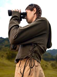 In My Nature Lace Up Front Curved Hem Outdoor Sweatshirt - Army Green - View 5