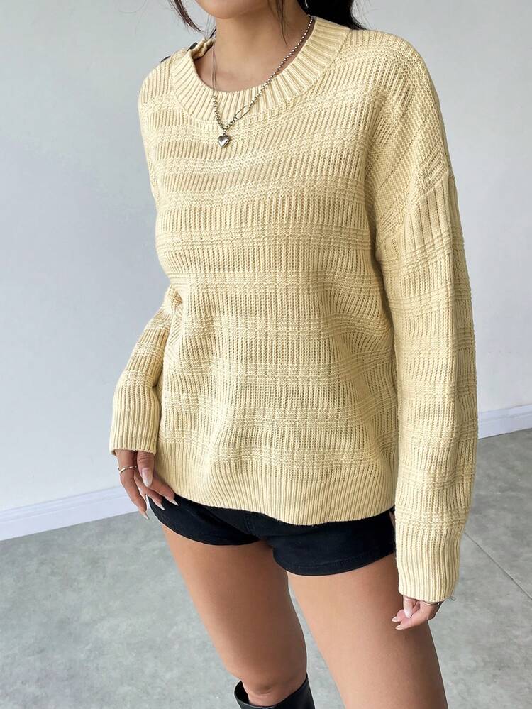 Button Detail Drop Shoulder Knit Pullover Fall Winter Sweater