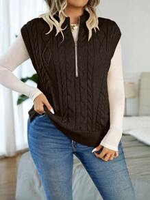 Calvaya 1入組大碼前拉鍊麻花編織毛衣背心 - 咖啡棕 - 查看 3