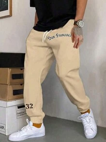 Manfinity Hypemode Men Plus Letter Graphic Drawstring Waist Sweatpants - Khaki - View 4