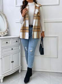 Plus Plaid Print Vest Overcoat, For Winter Fall Autumn - Mocha Brown - View 5