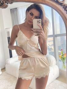 Tie Front Lace Trim PJ Set ,Vacation