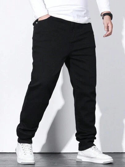 Manfinity Homme Men Plus Solid Slant Pocket Jeans Straight Leg Long Washed Dark Jean Cargo Plain Black Work Basic Size Going Out Hang Out Urban Commute Work