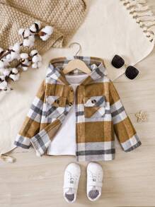 SHEIN Young Girl Plaid Print Flap Pocket Hooded Overcoat Without Tee
