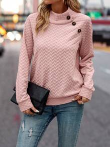 SHEIN Clasi Chất rắn Chi tiết Nút Tay Raglan Áo nỉ - Hồng - Xem 4