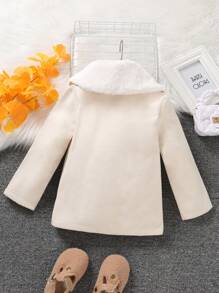 SHEIN 女小童羊絨領口雙口袋單排釦花呢外套