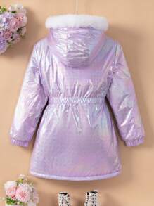 SHEIN Tween Girl 1pc Fuzzy Trim Hooded Holographic Zipper Thermal Lined Padded Coat - Mauve Purple - View 2