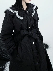 Slant Pockets Frill Trim Statement Collar Belted Down Coat - Black - View 3