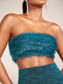 SHEIN BAE Trang trí Fuzzy Áo Tube Crop - Màu xanh lam - Xem 1