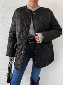EURMUSE Dual Pocket Drop Shoulder Quilted Coat - Black - View 6