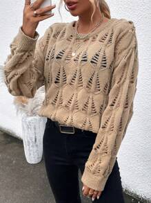 SHEIN LUNE 素色落肩袖套頭毛衣 - 卡其色 - 查看 7