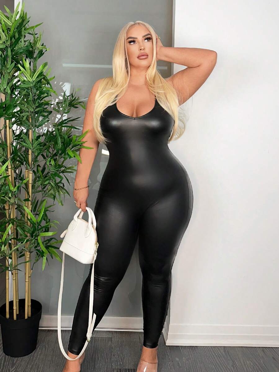 SHEIN SXY Hơn Chất rắn chất liệu da PU Quần áo nịt - màu đen - Xem 1