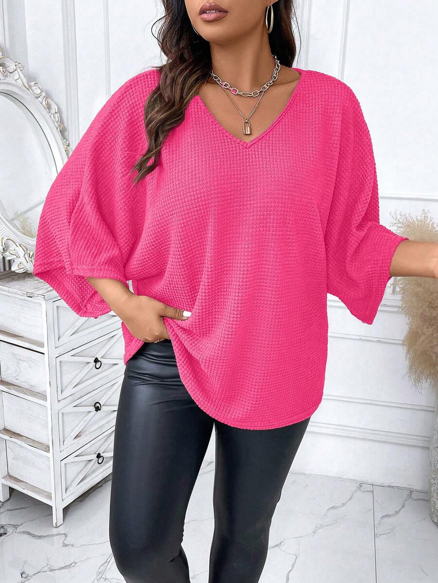 Calvaya 大碼素色蝙蝠袖T恤 - 玫紅色 - 查看 1