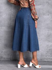 SHEIN LUNE 高腰口袋貼布前紐扣牛仔半身裙 - 藍色 - 查看 2