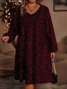 SHEIN Clasi Plus Allover Print Lantern Sleeve Dress - Burgundy - View 5
