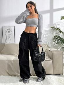 Flirla Ribbed Knit Crop Cardigan & Tube Top Fall Cloth For Women - Light Grey - View 3