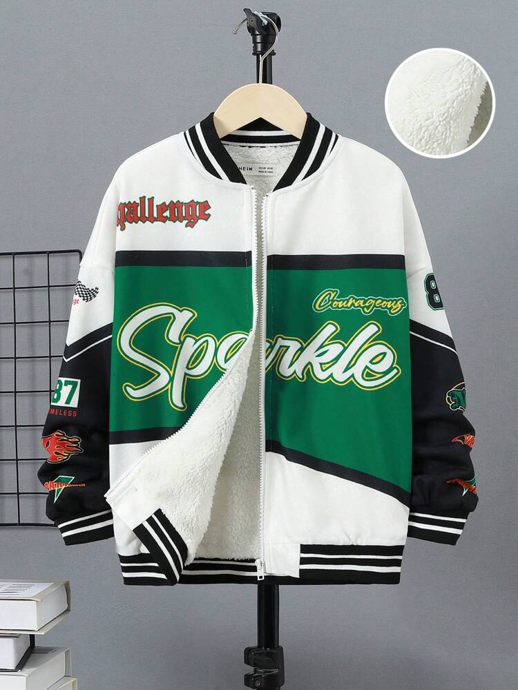 Tween Boy Letter Graphic Colorblock Thermal Lined Striped Trim Drop Shoulder Varsity Jacket